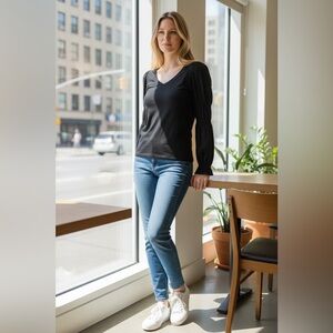 French Connection Tim Tim Jersey Marie Sleeve Tee Black Size S Puff LongSleeves